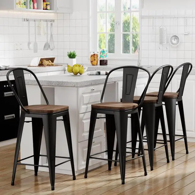 Main image of Yongqiang Black Metal Bar Stools Set of 4 Bar Height Stools Kitchen Island Barstools Industrial High Back Bar Chairs with Large Wooden Seat 30 inch