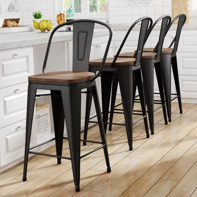 Alt view image 3 of 7 - Yongqiang Black Metal Bar Stools Set of 4 Bar Height Stools Kitchen Island Barstools Industrial High Back Bar Chairs with Large Wooden Seat 30 inch