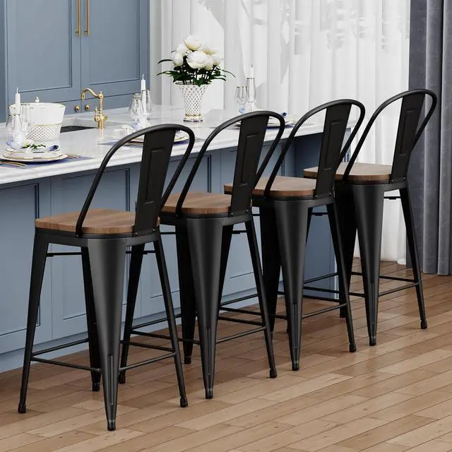Alt view image 4 of 7 - Yongqiang Black Metal Bar Stools Set of 4 Bar Height Stools Kitchen Island Barstools Industrial High Back Bar Chairs with Large Wooden Seat 30 inch
