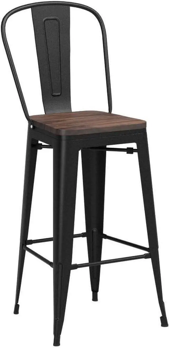 Alt view image 5 of 7 - Yongqiang Black Metal Bar Stools Set of 4 Bar Height Stools Kitchen Island Barstools Industrial High Back Bar Chairs with Large Wooden Seat 30 inch