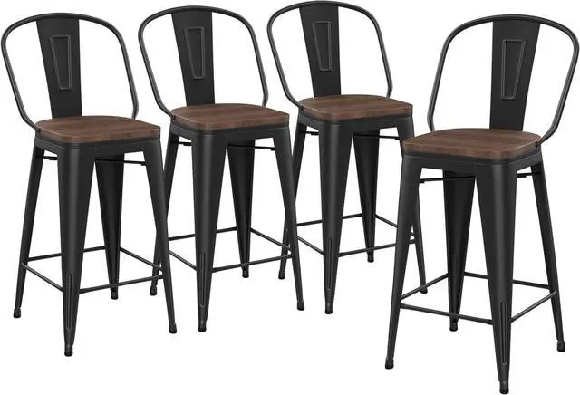 Alt view image 6 of 7 - Yongqiang Black Metal Bar Stools Set of 4 Bar Height Stools Kitchen Island Barstools Industrial High Back Bar Chairs with Large Wooden Seat 30 inch