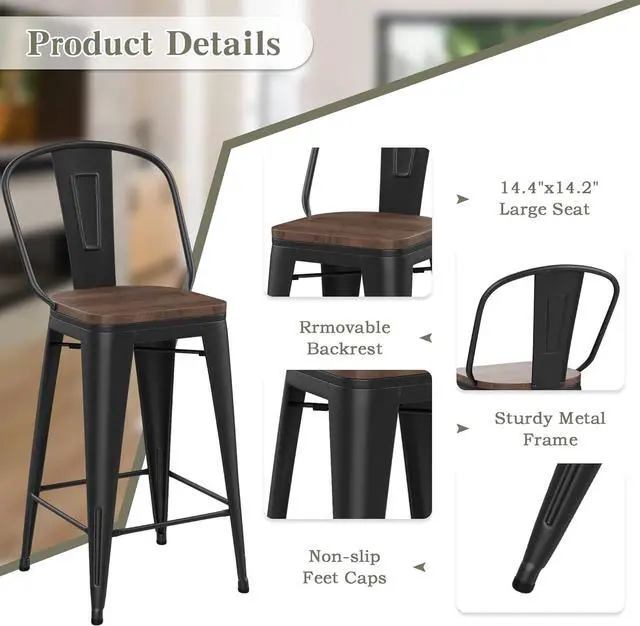 Alt view image 7 of 7 - Yongqiang Black Metal Bar Stools Set of 4 Bar Height Stools Kitchen Island Barstools Industrial High Back Bar Chairs with Large Wooden Seat 30 inch