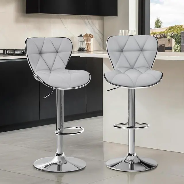 Alt view image 2 of 7 - Yaheetech Bar Stools Set of 2, PU Leather Swivel Adjustable Barstools with Shell Back, Bar Chairs with Foma Padded for Home, Kitchen, Light Grey