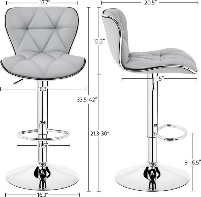 Alt view image 3 of 7 - Yaheetech Bar Stools Set of 2, PU Leather Swivel Adjustable Barstools with Shell Back, Bar Chairs with Foma Padded for Home, Kitchen, Light Grey