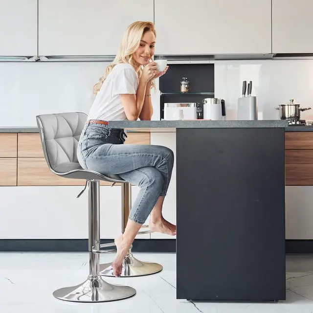 Alt view image 4 of 7 - Yaheetech Bar Stools Set of 2, PU Leather Swivel Adjustable Barstools with Shell Back, Bar Chairs with Foma Padded for Home, Kitchen, Light Grey