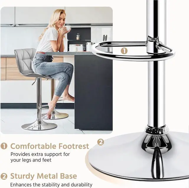 Alt view image 6 of 7 - Yaheetech Bar Stools Set of 2, PU Leather Swivel Adjustable Barstools with Shell Back, Bar Chairs with Foma Padded for Home, Kitchen, Light Grey