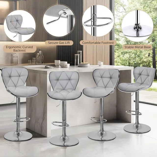 Alt view image 7 of 7 - Yaheetech Bar Stools Set of 2, PU Leather Swivel Adjustable Barstools with Shell Back, Bar Chairs with Foma Padded for Home, Kitchen, Light Grey