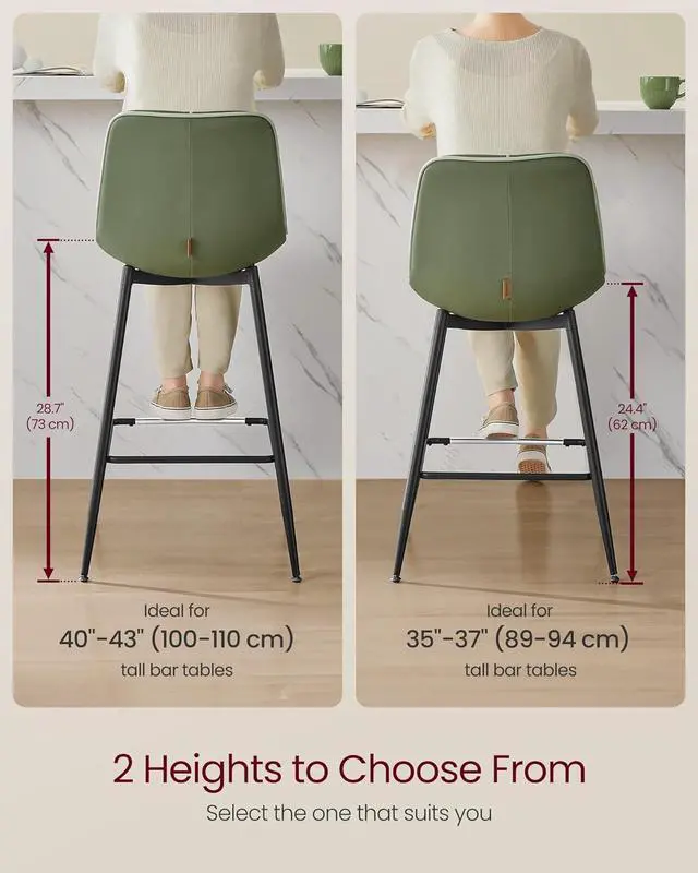 Alt view image 2 of 7 - VASAGLE Bar Stools Set of 2, Bar Height Bar Stools with Back, Ergonomic Backrest, Synthetic Leather, Metal Legs, 28.7-Inch Tall Stools for Kitchen Island Home Bar, Forest Green ULBC888C01