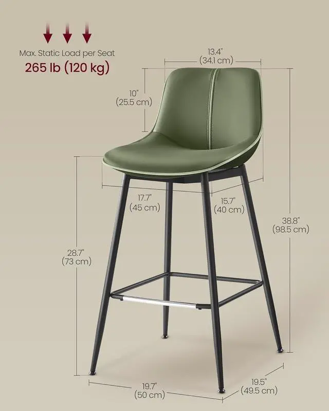 Alt view image 6 of 7 - VASAGLE Bar Stools Set of 2, Bar Height Bar Stools with Back, Ergonomic Backrest, Synthetic Leather, Metal Legs, 28.7-Inch Tall Stools for Kitchen Island Home Bar, Forest Green ULBC888C01