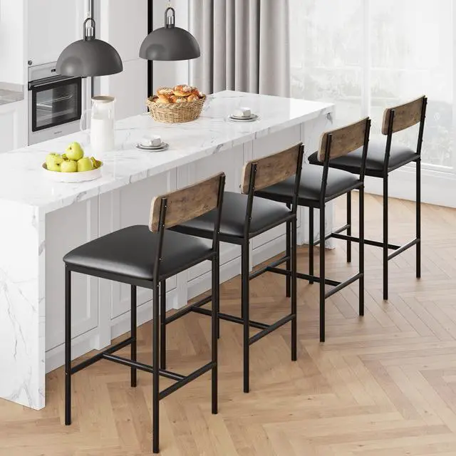 Alt view image 3 of 7 - IDEALHOUSE Bar Stools Set of 4, Kitchen Bar Stools with Footrest, 25.5 Inches Upholstered Bar Chairs with Back, 4 Counter Height Barstools for Counter Bar, Island, Easy Assembly, Rustic Brown