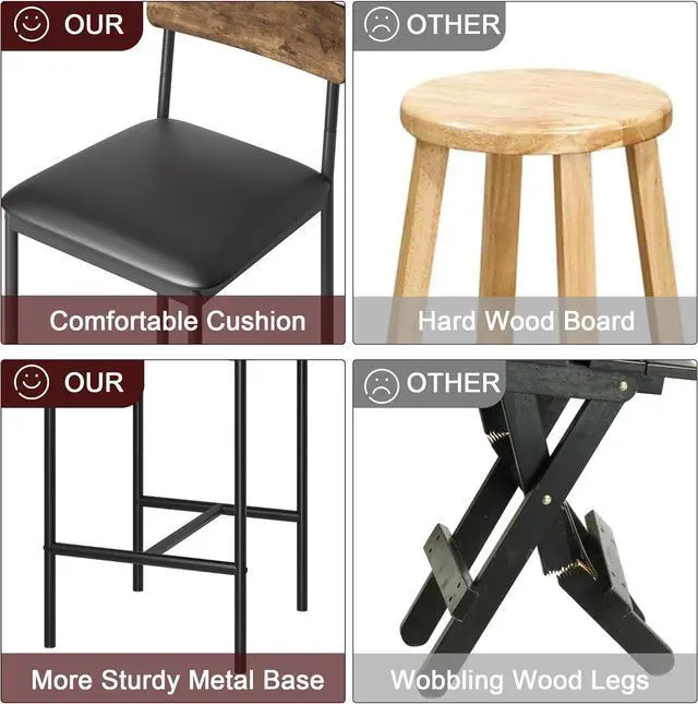 Alt view image 4 of 7 - IDEALHOUSE Bar Stools Set of 4, Kitchen Bar Stools with Footrest, 25.5 Inches Upholstered Bar Chairs with Back, 4 Counter Height Barstools for Counter Bar, Island, Easy Assembly, Rustic Brown