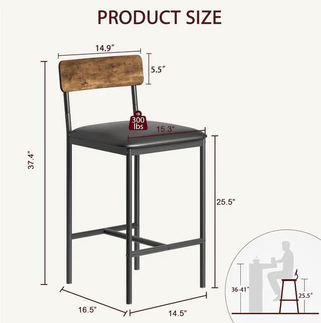 Alt view image 7 of 7 - IDEALHOUSE Bar Stools Set of 4, Kitchen Bar Stools with Footrest, 25.5 Inches Upholstered Bar Chairs with Back, 4 Counter Height Barstools for Counter Bar, Island, Easy Assembly, Rustic Brown