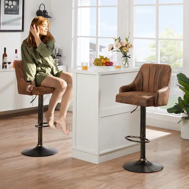 Alt view image 2 of 7 - VECELO Bar Stools Set of 4, Adjustable Barstools, Counter Height Stools with Back and Arm, Kitchen Island Stools, Swivel PU Chairs for Pub, Dining Room, Industrial Style, Dark Brown