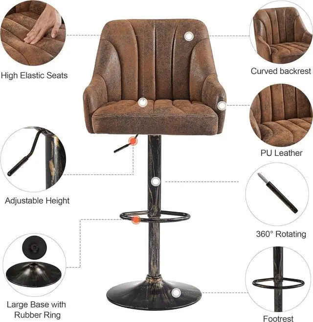 Alt view image 4 of 7 - VECELO Bar Stools Set of 4, Adjustable Barstools, Counter Height Stools with Back and Arm, Kitchen Island Stools, Swivel PU Chairs for Pub, Dining Room, Industrial Style, Dark Brown