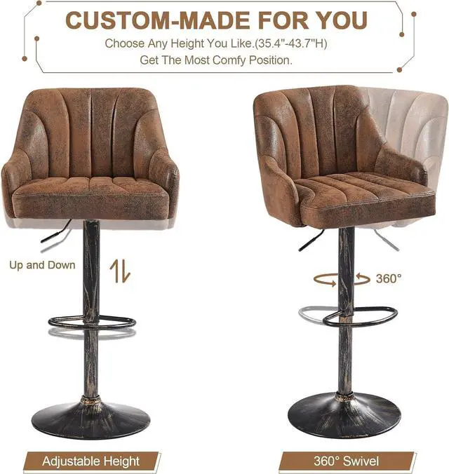 Alt view image 5 of 7 - VECELO Bar Stools Set of 4, Adjustable Barstools, Counter Height Stools with Back and Arm, Kitchen Island Stools, Swivel PU Chairs for Pub, Dining Room, Industrial Style, Dark Brown