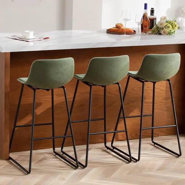 Main image of HeuGah Green Bar Stools Set of 3, 30 Inch Counter Height Bar Chair with Metal Legs Faux Leather BarStools for Kitchen Island Modern Tall Bar Counter Chairs