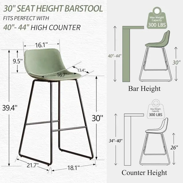 Alt view image 2 of 7 - HeuGah Green Bar Stools Set of 3, 30 Inch Counter Height Bar Chair with Metal Legs Faux Leather BarStools for Kitchen Island Modern Tall Bar Counter Chairs
