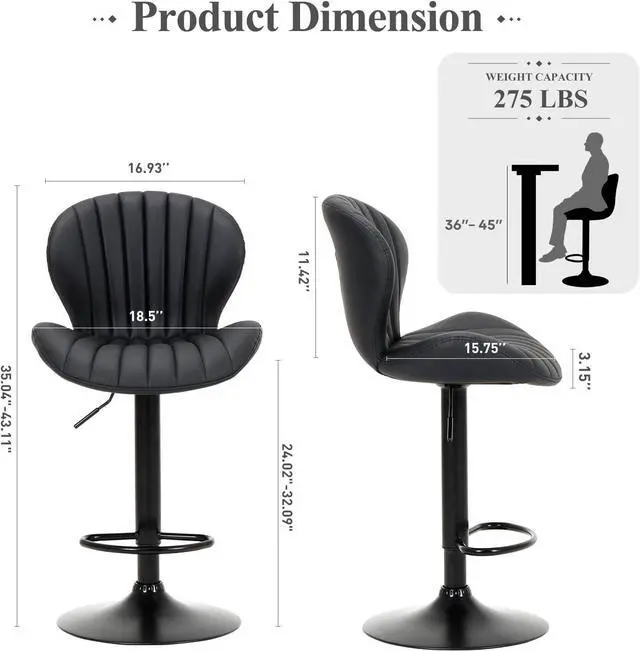 Alt view image 2 of 7 - COLAMY Bar Stools Set of 4, Modern Swivel Bar Chairs, Adjustable Faux Leather Upholstered Barstools Counter Height with High Backrest for Bar, Kitchen Island, Dining Room, Black