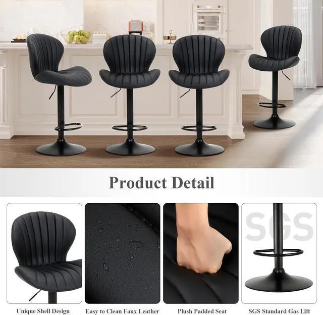 Alt view image 5 of 7 - COLAMY Bar Stools Set of 4, Modern Swivel Bar Chairs, Adjustable Faux Leather Upholstered Barstools Counter Height with High Backrest for Bar, Kitchen Island, Dining Room, Black
