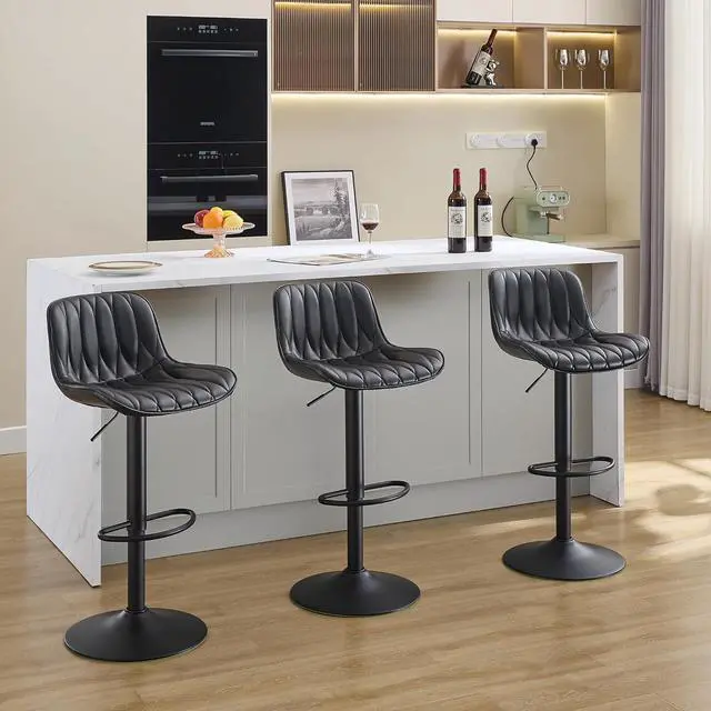 Alt view image 2 of 7 - Black Counter Height Swivel Bar Stools Set of 3, Adjustable Bar Stool with Back 25"-33", Modern Faux Leather Barstools for Kitchen Island (Black, 3PCS)