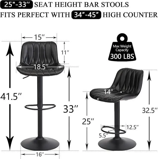 Alt view image 3 of 7 - Black Counter Height Swivel Bar Stools Set of 3, Adjustable Bar Stool with Back 25"-33", Modern Faux Leather Barstools for Kitchen Island (Black, 3PCS)