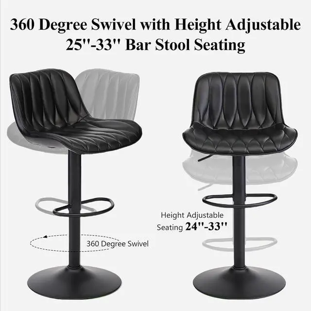 Alt view image 4 of 7 - Black Counter Height Swivel Bar Stools Set of 3, Adjustable Bar Stool with Back 25"-33", Modern Faux Leather Barstools for Kitchen Island (Black, 3PCS)