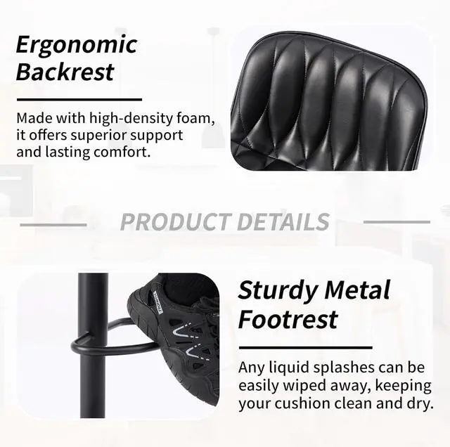Alt view image 6 of 7 - Black Counter Height Swivel Bar Stools Set of 3, Adjustable Bar Stool with Back 25"-33", Modern Faux Leather Barstools for Kitchen Island (Black, 3PCS)