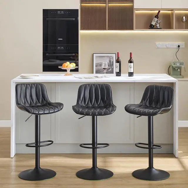 Alt view image 7 of 7 - Black Counter Height Swivel Bar Stools Set of 3, Adjustable Bar Stool with Back 25"-33", Modern Faux Leather Barstools for Kitchen Island (Black, 3PCS)