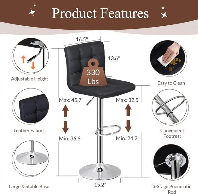 Alt view image 3 of 7 - ZENY Set of 4 Adjustable Swivel Barstools, Modern PU Leather Kitchen Counter Bar Stools, Square Back Bar Stool