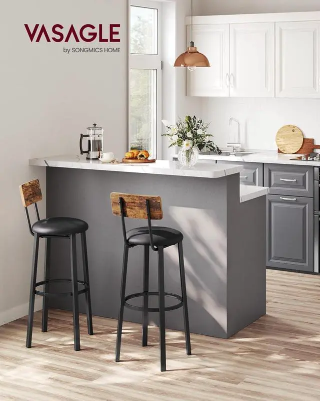 Alt view image 2 of 7 - VASAGLE Bar Stools, Set of 2 PU Upholstered Breakfast Stools, 29.7 Inches Barstools with Back and Footrest, Simple Assembly, for Dining Room Kitchen Counter Bar, Rustic Brown and Black ULBC069B81