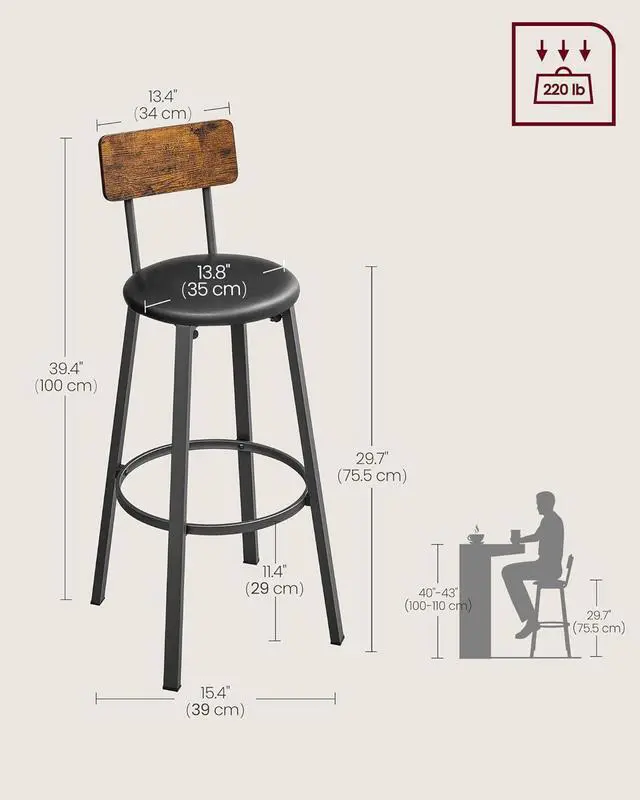 Alt view image 3 of 7 - VASAGLE Bar Stools, Set of 2 PU Upholstered Breakfast Stools, 29.7 Inches Barstools with Back and Footrest, Simple Assembly, for Dining Room Kitchen Counter Bar, Rustic Brown and Black ULBC069B81