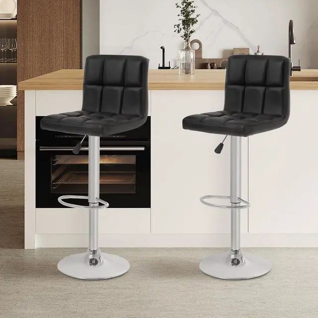Alt view image 2 of 7 - BestOffice Bar Stools Set of 2, Adjustable Swivel Bar Stools, Counter Height Bar Stools with Back PU Leather Armless Hydraulic Kitchen Counter Bar Stool (Black)