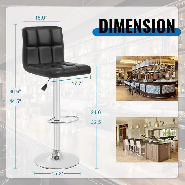 Alt view image 3 of 7 - BestOffice Bar Stools Set of 2, Adjustable Swivel Bar Stools, Counter Height Bar Stools with Back PU Leather Armless Hydraulic Kitchen Counter Bar Stool (Black)