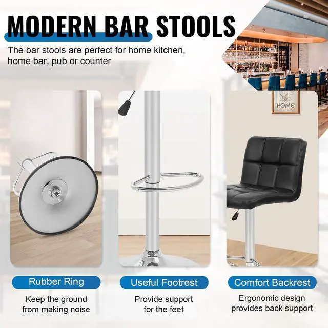 Alt view image 7 of 7 - BestOffice Bar Stools Set of 2, Adjustable Swivel Bar Stools, Counter Height Bar Stools with Back PU Leather Armless Hydraulic Kitchen Counter Bar Stool (Black)