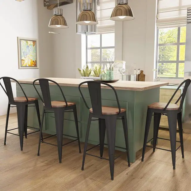 Alt view image 3 of 7 - Aklaus Metal Bar Stools Set of 4,30 inch Barstools Bar Height Bar Stools with Backs Farmhouse Bar Stools with Larger Seat High Back Kitchen Dining Chairs Modern Bar Chairs Matte Black Stools