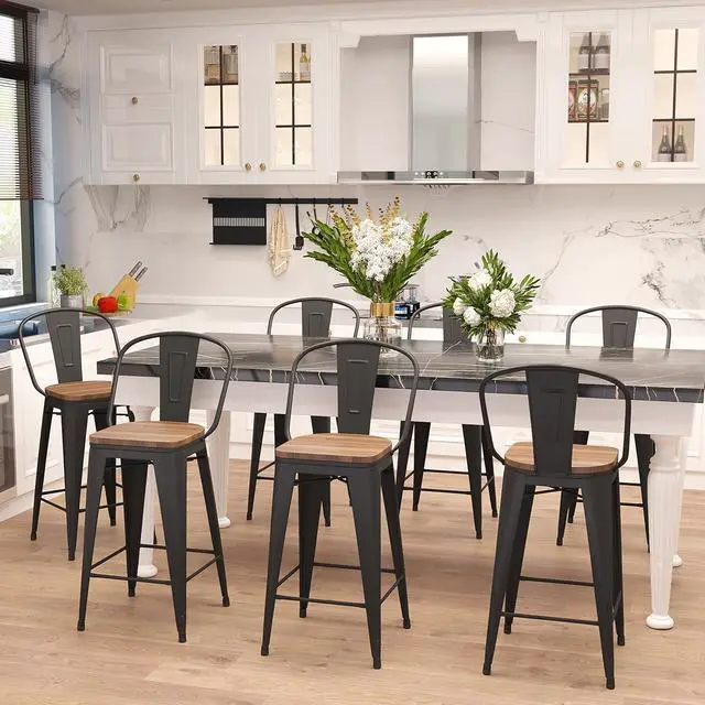 Alt view image 6 of 7 - Aklaus Metal Bar Stools Set of 4,30 inch Barstools Bar Height Bar Stools with Backs Farmhouse Bar Stools with Larger Seat High Back Kitchen Dining Chairs Modern Bar Chairs Matte Black Stools