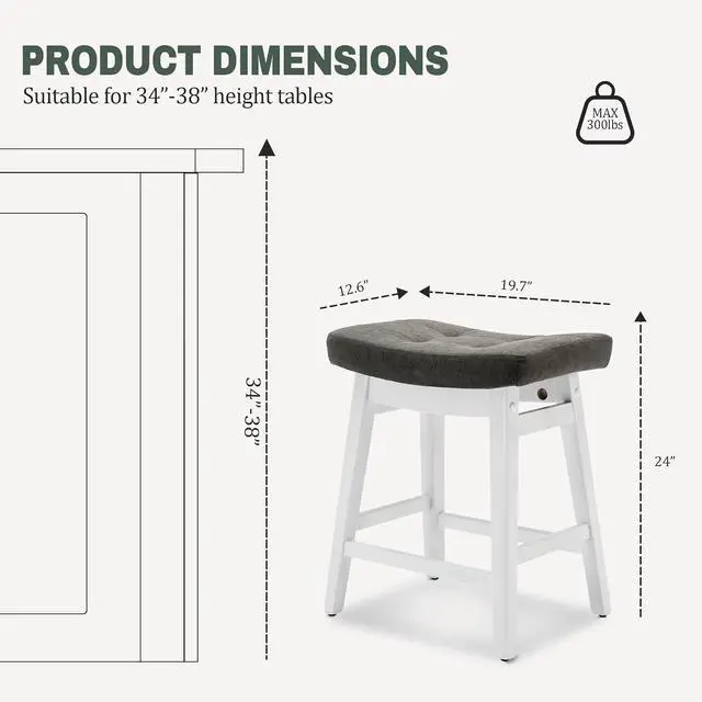 Alt view image 2 of 7 - Counter Height Bar Stools Set of 3 for Kitchen Counter Farmhouse Modern Barstools with Faux Leather Upholstered Backless Seat and Solid Wood Legs 24 inch Bar Chairs, Grey + White