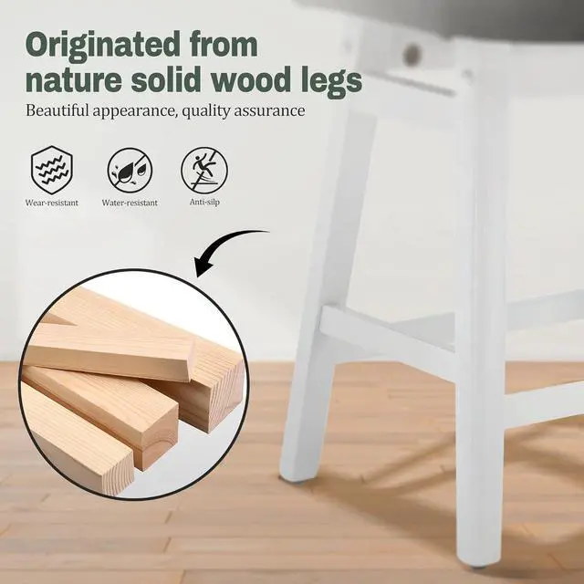 Alt view image 4 of 7 - Counter Height Bar Stools Set of 3 for Kitchen Counter Farmhouse Modern Barstools with Faux Leather Upholstered Backless Seat and Solid Wood Legs 24 inch Bar Chairs, Grey + White