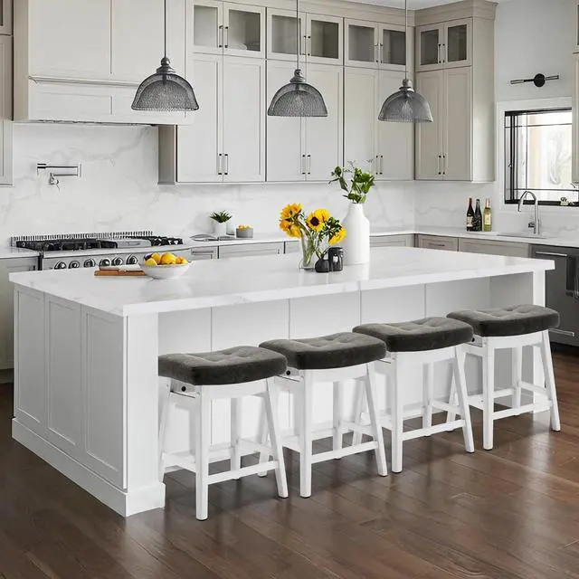 Alt view image 6 of 7 - Counter Height Bar Stools Set of 3 for Kitchen Counter Farmhouse Modern Barstools with Faux Leather Upholstered Backless Seat and Solid Wood Legs 24 inch Bar Chairs, Grey + White