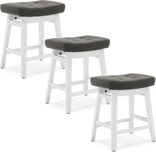 Alt view image 7 of 7 - Counter Height Bar Stools Set of 3 for Kitchen Counter Farmhouse Modern Barstools with Faux Leather Upholstered Backless Seat and Solid Wood Legs 24 inch Bar Chairs, Grey + White