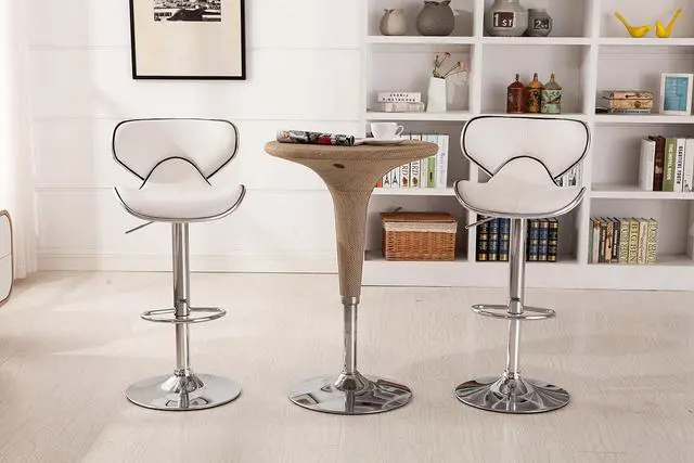 Alt view image 2 of 7 - Roundhill Furniture Masaccio Cushioned Leatherette Upholstery Airlift Adjustable Swivel Barstool with Chrome Base, Set of 2, White