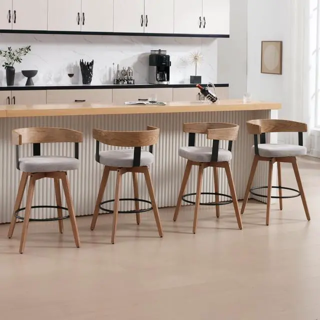 Alt view image 3 of 7 - DUOMAY Swivel Bar Stools Set of 2, 26" Counter Height Bar Stool with Footrest Modern Wood Barstools with Linen Upholstered Seat Counter Stools for Kitchen Island Home Bar, Grey