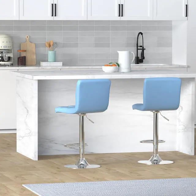 Alt view image 2 of 7 - Leopard Bar Stools, Modern PU Leather Adjustable Swivel Bar Stool with Back, Set of 2 (Light Blue)