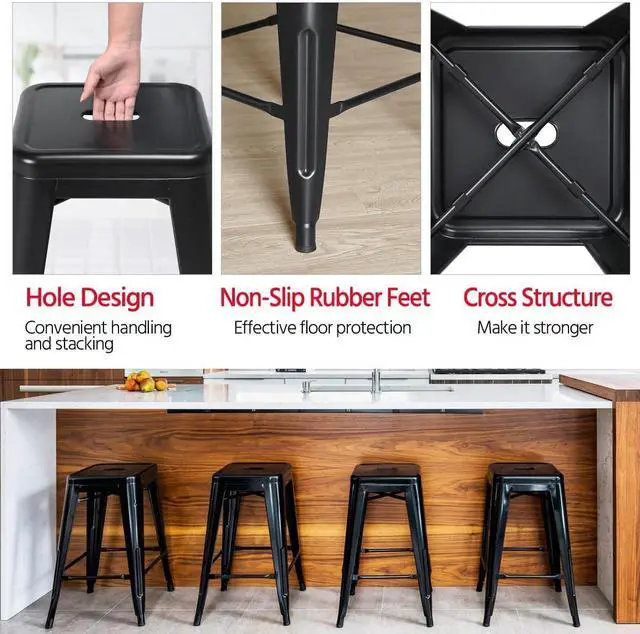 Alt view image 4 of 7 - Yaheetech 24 inch barstools Set of 4 Counter Height Metal Bar Stools, Indoor/Outdoor Stackable Bartool Industrial High Backless Stools Black