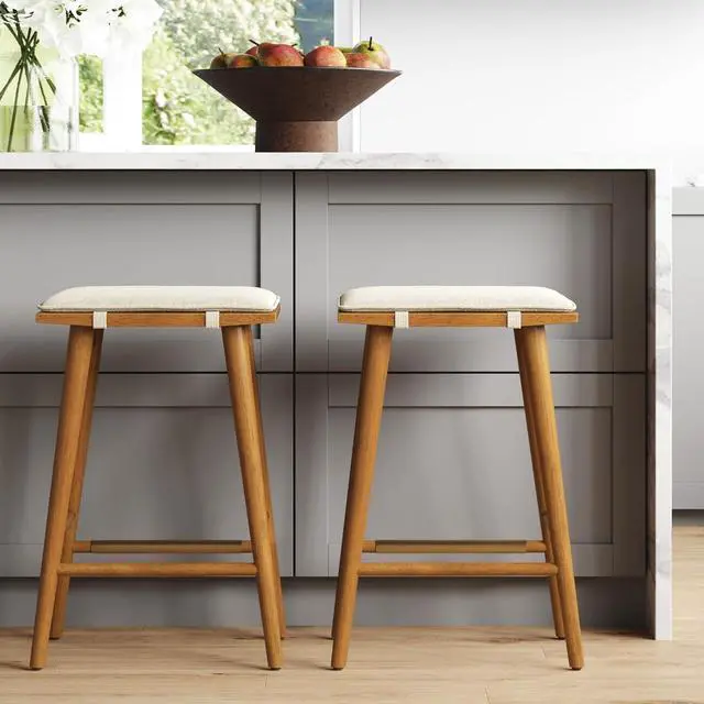 Alt view image 3 of 7 - Nathan James Barker Counter Height Solid Wood Barstool with Upholstered Cushion, Backless Island Stool with Rubberwood Legs and Natural Textured Linen Upholstery for Kitchen, Brown/White, Set of 2