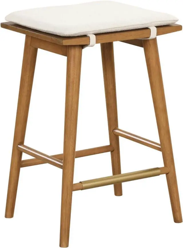 Alt view image 7 of 7 - Nathan James Barker Counter Height Solid Wood Barstool with Upholstered Cushion, Backless Island Stool with Rubberwood Legs and Natural Textured Linen Upholstery for Kitchen, Brown/White, Set of 2