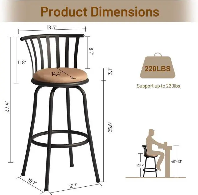 Alt view image 3 of 7 - FurnitureR Classic Barstools Set of 3, Country Style Bar Chairs with Back and Footrest Swivel Counter Height Bar Stools for Kitchen Island Pub, Bistro, Restaurant, Rustic Brown and Black