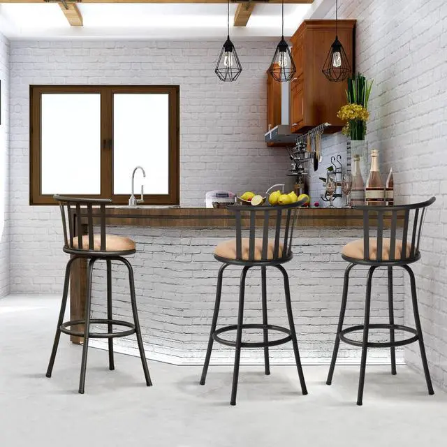 Alt view image 2 of 7 - FurnitureR Classic Barstools Set of 3, Country Style Bar Chairs with Back and Footrest Swivel Counter Height Bar Stools for Kitchen Island Pub, Bistro, Restaurant, Rustic Brown and Black