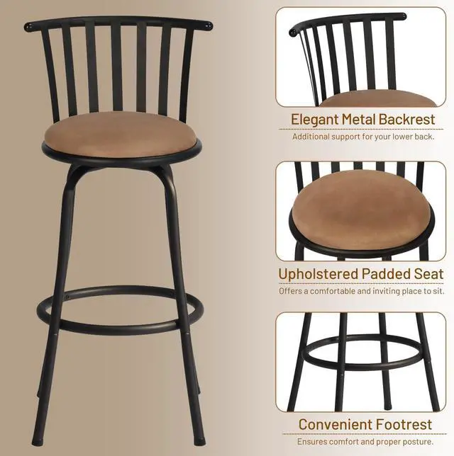 Alt view image 5 of 7 - FurnitureR Classic Barstools Set of 3, Country Style Bar Chairs with Back and Footrest Swivel Counter Height Bar Stools for Kitchen Island Pub, Bistro, Restaurant, Rustic Brown and Black