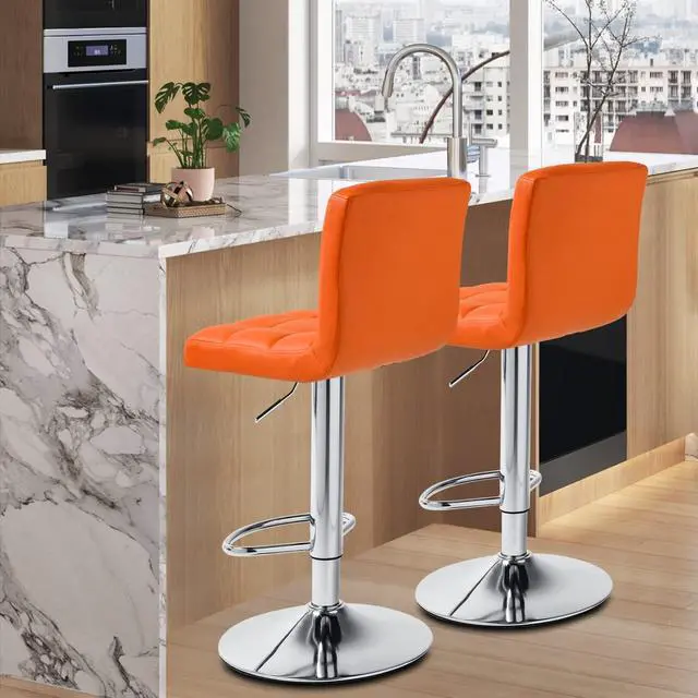 Alt view image 2 of 7 - MoNiBloom Bar Stools Set of 2 Square Back PU Leather Counter Height Adjustable Swivel Barstools with Footrest for Home Kitchen Dining Room, Orange